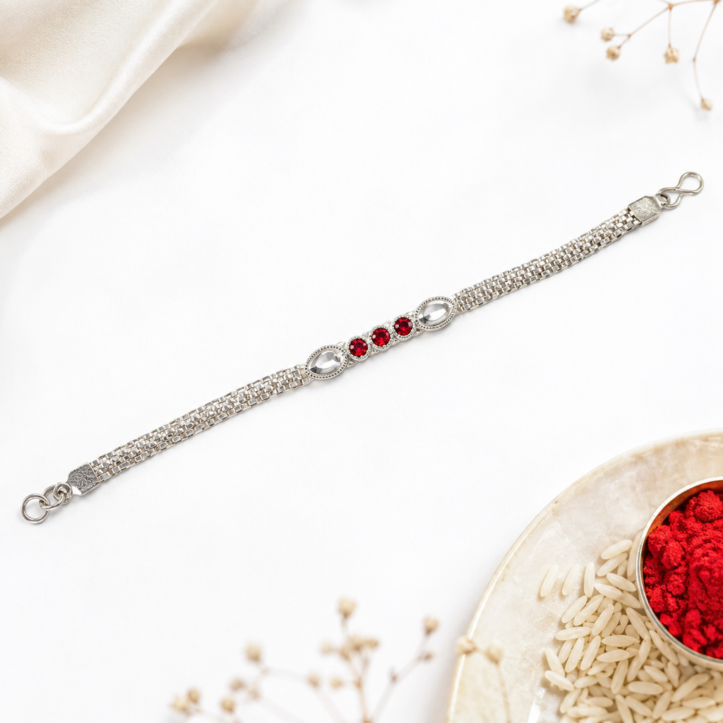 Red Stone Bracelet Rakhi – Elegant Silver-Tone Raksha Bandhan Rakhi