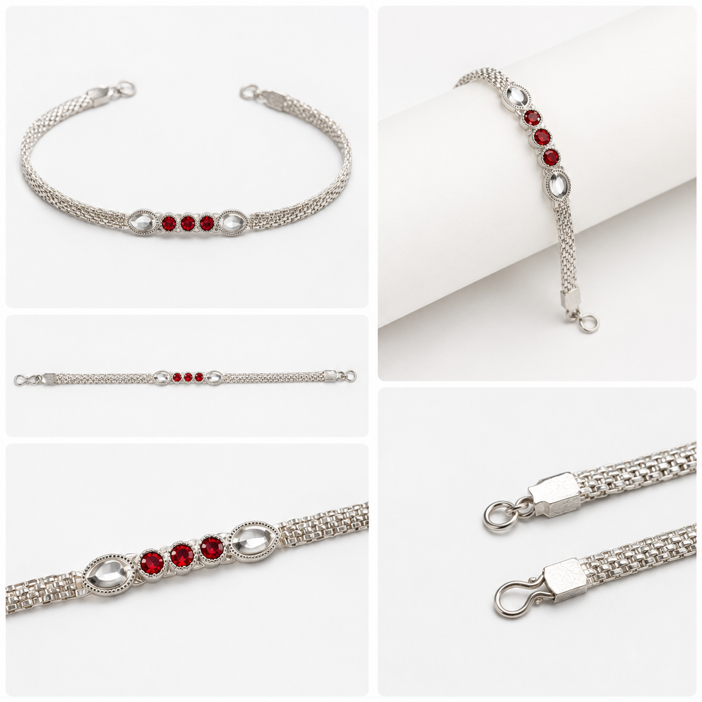 Red Stone Bracelet Rakhi – Elegant Silver-Tone Raksha Bandhan Rakhi