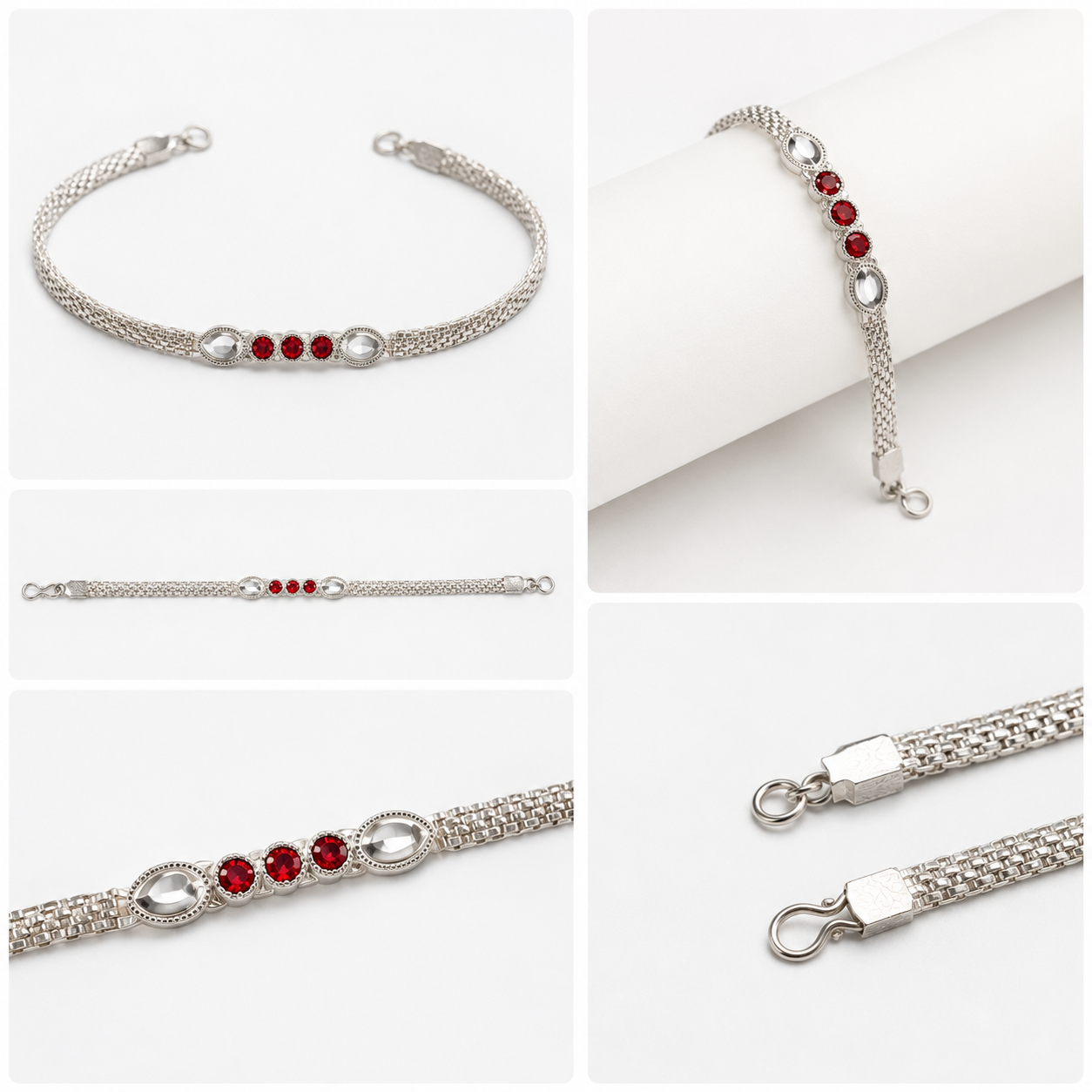 Red Stone Bracelet Rakhi – Elegant Silver-Tone Raksha Bandhan Rakhi