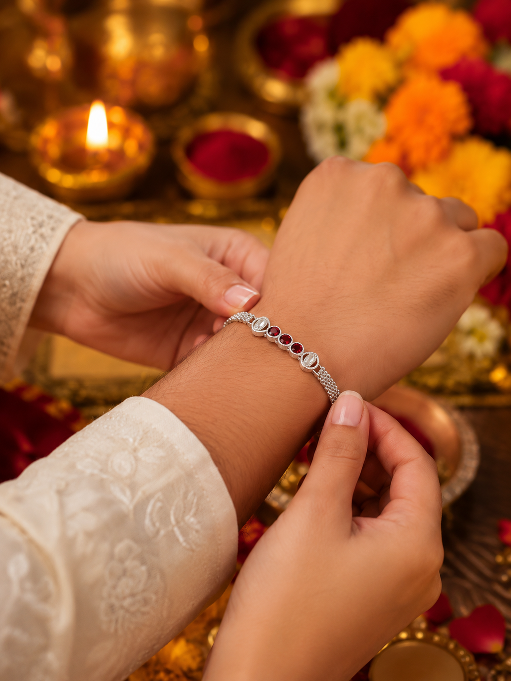 Red Stone Bracelet Rakhi – Elegant Silver-Tone Raksha Bandhan Rakhi
