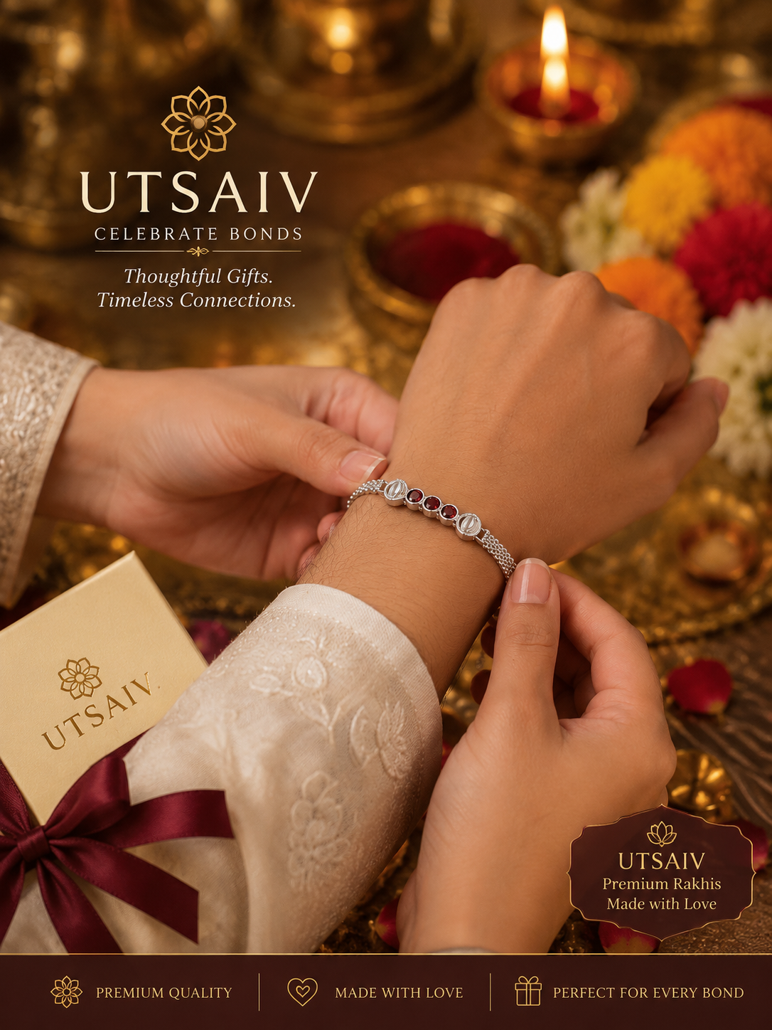 Red Stone Bracelet Rakhi – Elegant Silver-Tone Raksha Bandhan Rakhi