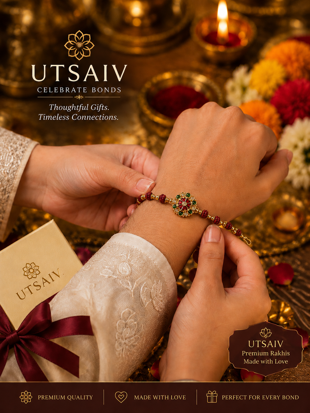 Traditional Rudraksha Bracelet Rakhi – Floral Gold-Tone Raksha Bandhan Rakhi
