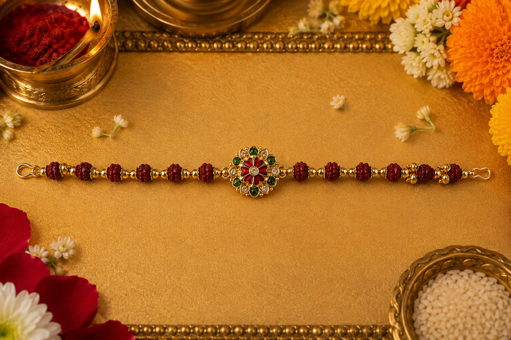 Traditional Rudraksha Bracelet Rakhi – Floral Gold-Tone Raksha Bandhan Rakhi