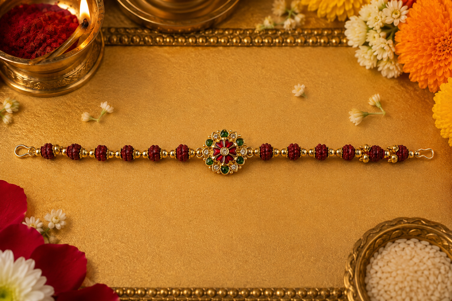 Traditional Rudraksha Bracelet Rakhi – Floral Gold-Tone Raksha Bandhan Rakhi