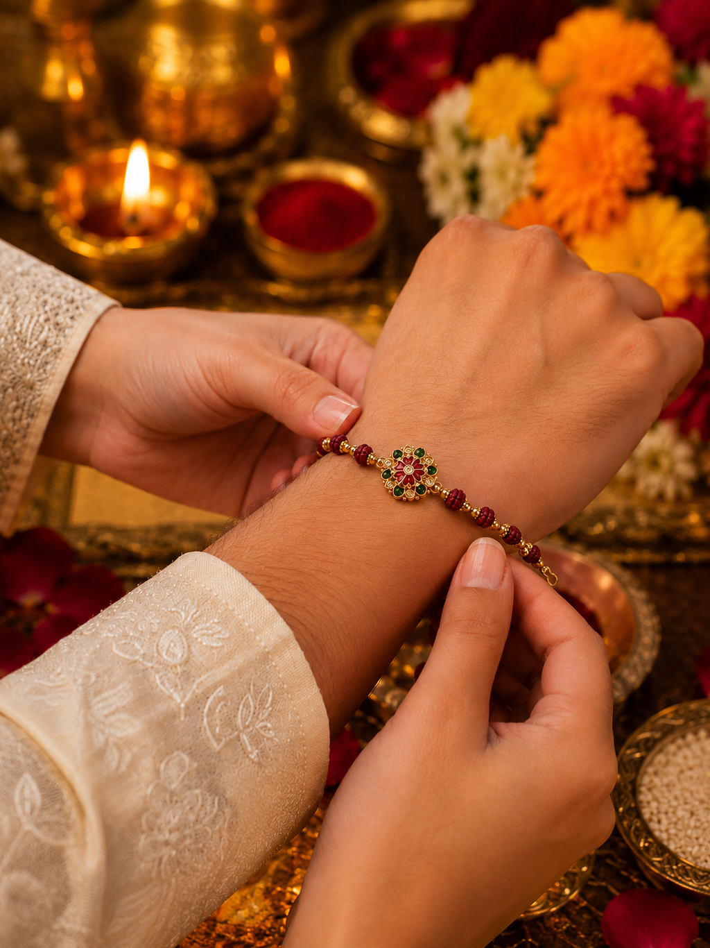 Traditional Rudraksha Bracelet Rakhi – Floral Gold-Tone Raksha Bandhan Rakhi