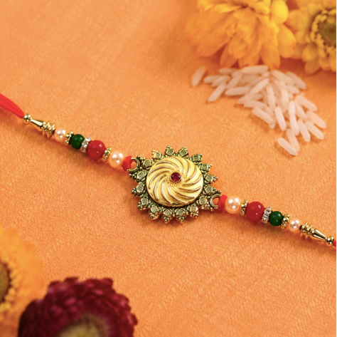 Round Shape Rakhi with Stone & Bead Work – Traditional Designer Rakhi for Brother