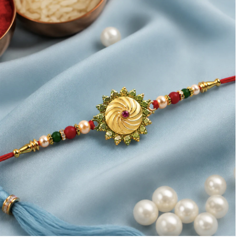 Round Shape Rakhi with Stone & Bead Work – Traditional Designer Rakhi for Brother