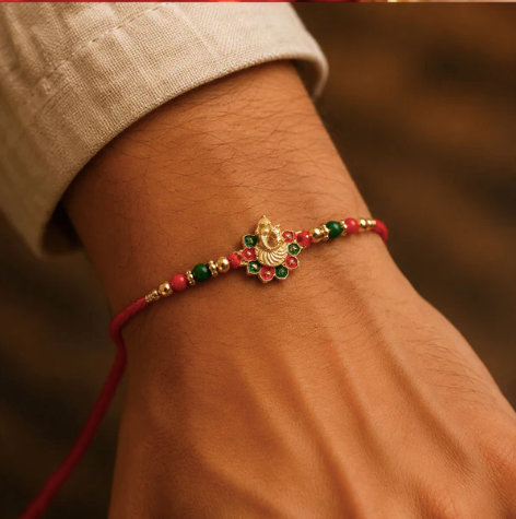 Ganesha Rakhi with Beads & Stone Work – Premium Designer Rakhi for Brother