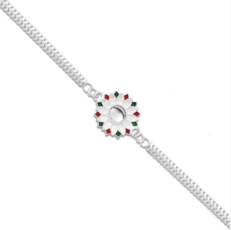 Silver Meenakari Floral Rakhi – Elegant Designer Rakhi for Brother