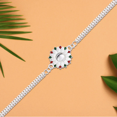 Silver Meenakari Floral Rakhi – Elegant Designer Rakhi for Brother