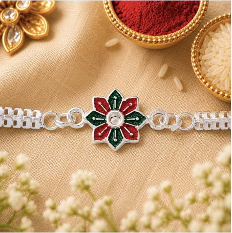 Silver Floral Enamel Rakhi – Premium Designer Rakhi for Brother