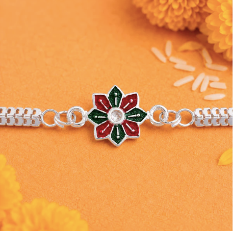 Silver Floral Enamel Rakhi – Premium Designer Rakhi for Brother