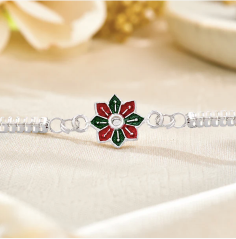 Silver Floral Enamel Rakhi – Premium Designer Rakhi for Brother