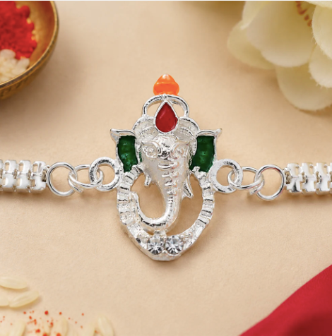 Ganesha Rakhi with Enamel & Silver Chain – Premium Designer Rakhi for Brother