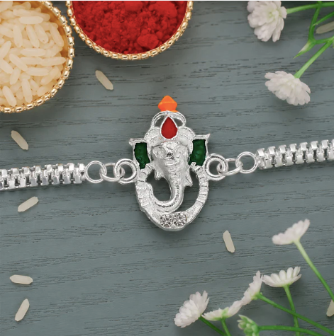 Ganesha Rakhi with Enamel & Silver Chain – Premium Designer Rakhi for Brother