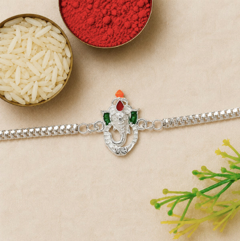 Ganesha Rakhi with Enamel & Silver Chain – Premium Designer Rakhi for Brother