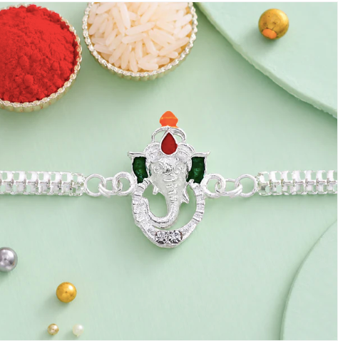 Ganesha Rakhi with Enamel & Silver Chain – Premium Designer Rakhi for Brother