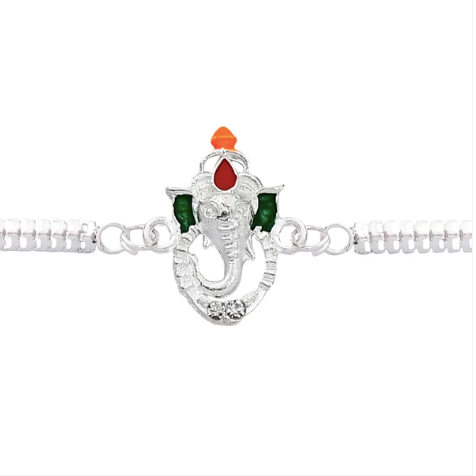 Ganesha Rakhi with Enamel & Silver Chain – Premium Designer Rakhi for Brother