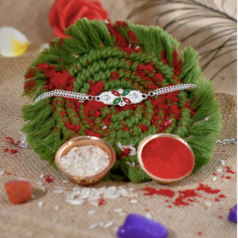 Floral Rakhi with Red & Green Enamel – Premium Designer Rakhi for Brother