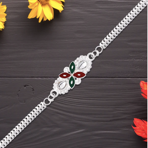 Floral Rakhi with Red & Green Enamel – Premium Designer Rakhi for Brother