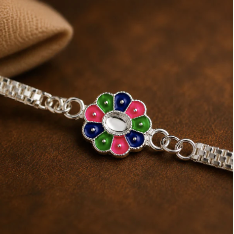 Flower Design Rakhi with Enamel Work – Premium Bracelet Rakhi for Brother