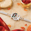 Silver Finish Rakhi with Red & Green Enamel – Premium Designer Rakhi for Brother