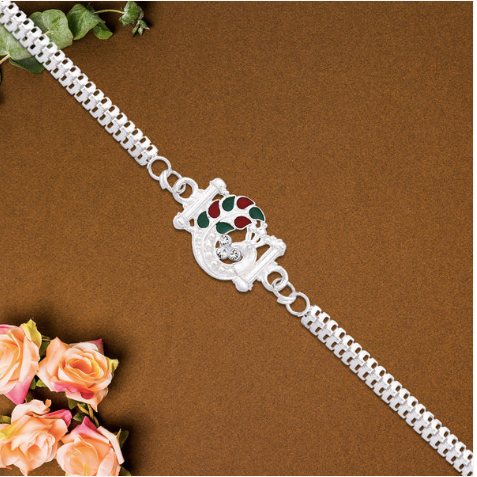 Silver Finish Rakhi with Red & Green Enamel – Premium Designer Rakhi for Brother