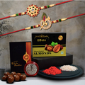 Traditional Rakhi Combo – 2 Designer Rakhis with Choco Almonds, Silver Coin & Pooja Kit