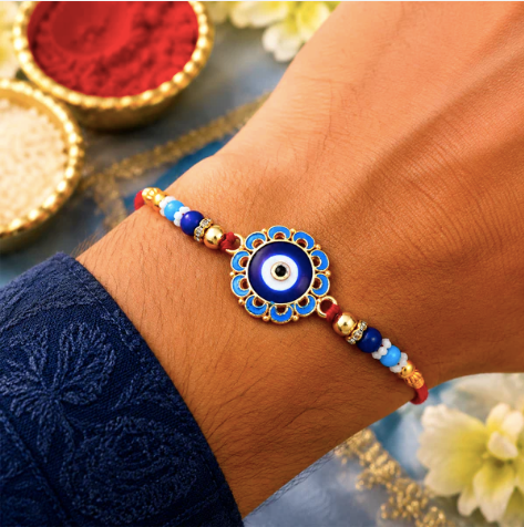 Evil Eye Rakhi with Blue Beads – Protective Designer Rakhi for Brother