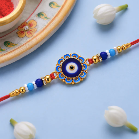 Evil Eye Rakhi with Blue Beads – Protective Designer Rakhi for Brother
