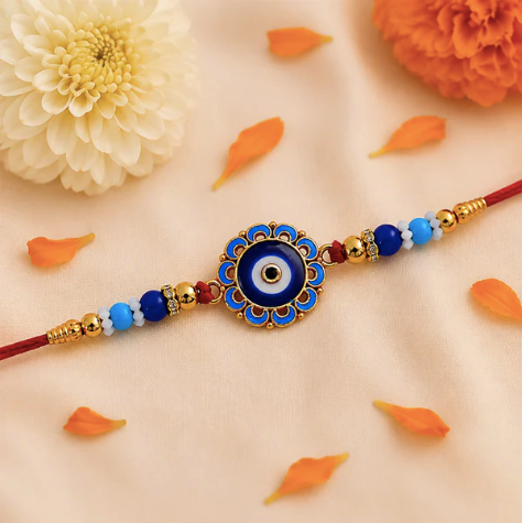 Evil Eye Rakhi with Blue Beads – Protective Designer Rakhi for Brother