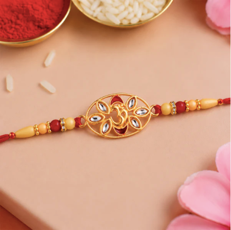 Om Kundan Rakhi with Pearl Beads – Premium Designer Rakhi for Brother