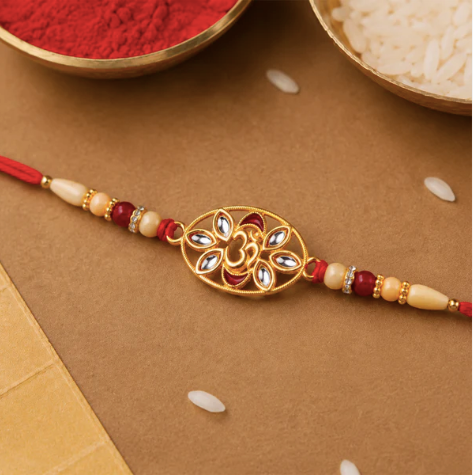 Om Kundan Rakhi with Pearl Beads – Premium Designer Rakhi for Brother