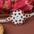 Silver Chain Rakhi with Red & Green Accents – Premium Designer Rakhi for Brother