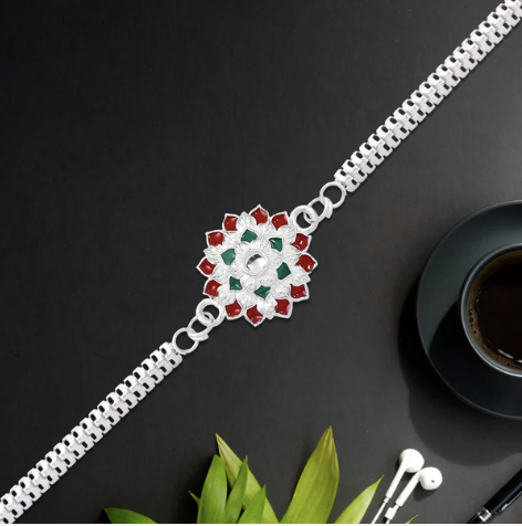Silver Chain Rakhi with Red & Green Accents – Premium Designer Rakhi for Brother