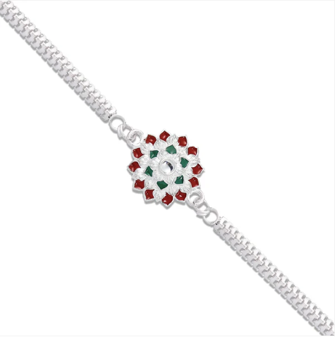 Silver Chain Rakhi with Red & Green Accents – Premium Designer Rakhi for Brother