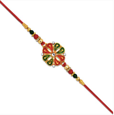 Flower Rakhi with Enamel & Golden Beads – Premium Designer Rakhi for Brother