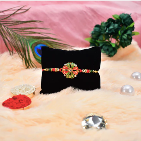 Flower Rakhi with Enamel & Golden Beads – Premium Designer Rakhi for Brother