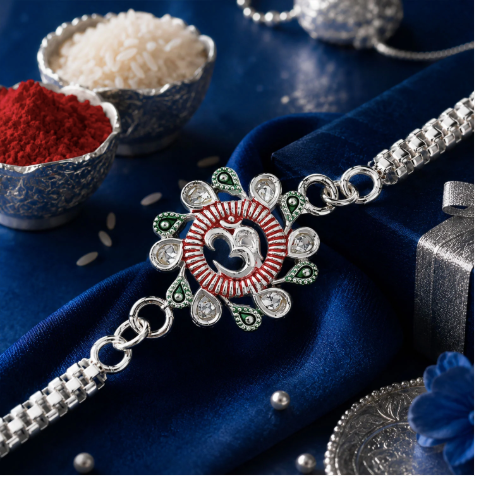 Floral Om Rakhi with Pink & Green Accents – Premium Designer Rakhi for Brother