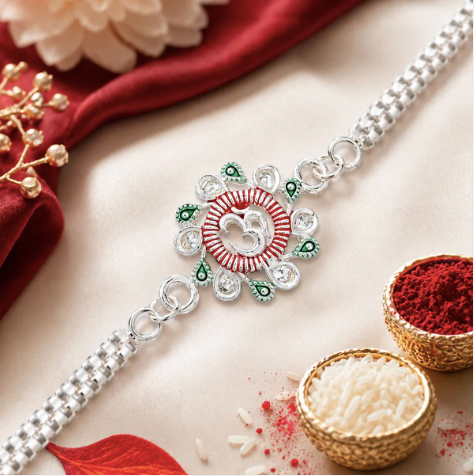 Floral Om Rakhi with Pink & Green Accents – Premium Designer Rakhi for Brother