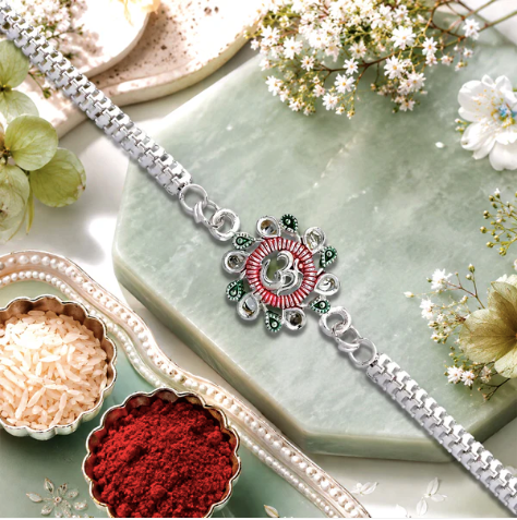 Floral Om Rakhi with Pink & Green Accents – Premium Designer Rakhi for Brother
