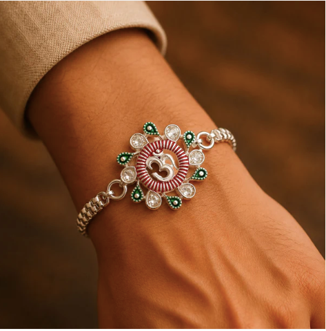 Floral Om Rakhi with Pink & Green Accents – Premium Designer Rakhi for Brother