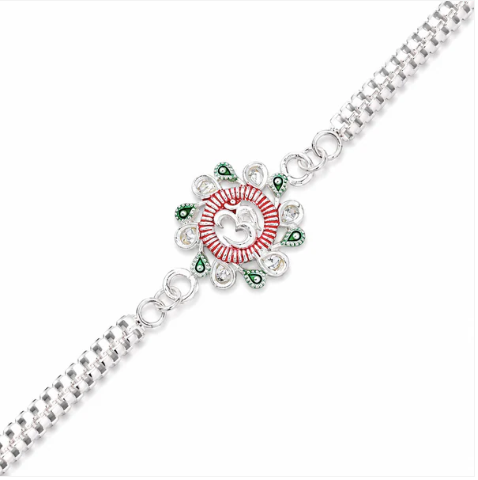 Floral Om Rakhi with Pink & Green Accents – Premium Designer Rakhi for Brother