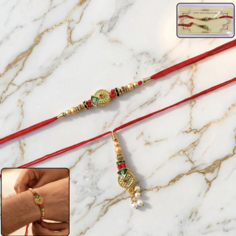 Premium Floral Stone Bhabhi Lumba Rakhi – Handcrafted Pearl Latkan Rakhi for Sister-in-Law