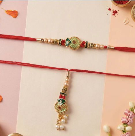 Premium Floral Stone Bhabhi Lumba Rakhi – Handcrafted Pearl Latkan Rakhi for Sister-in-Law