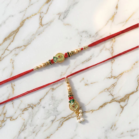 Premium Floral Stone Bhabhi Lumba Rakhi – Handcrafted Pearl Latkan Rakhi for Sister-in-Law
