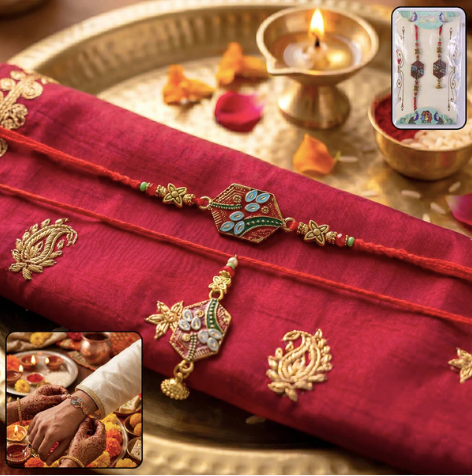 Meenakari Pot Bhabhi Rakhi – Traditional Gold Latkan Rakhi for Sister-in-Law