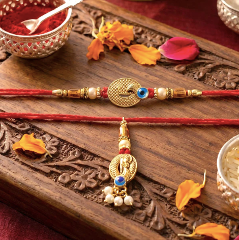 Bhabhi Rakhi – Premium Blue Stone & Pearl Cluster Lumba Rakhi for Raksha Bandhan