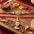 Bhabhi Rakhi – Premium Blue Stone & Pearl Cluster Lumba Rakhi for Raksha Bandhan