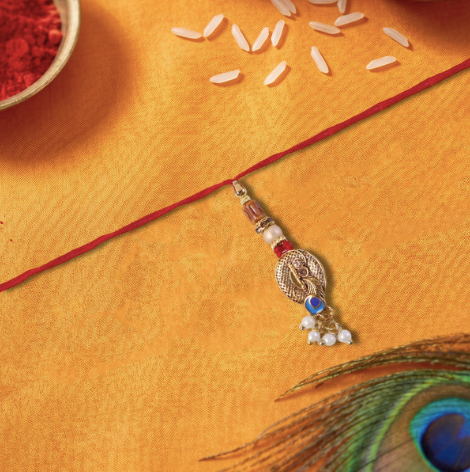 Bhabhi Rakhi – Premium Blue Stone & Pearl Cluster Lumba Rakhi for Raksha Bandhan